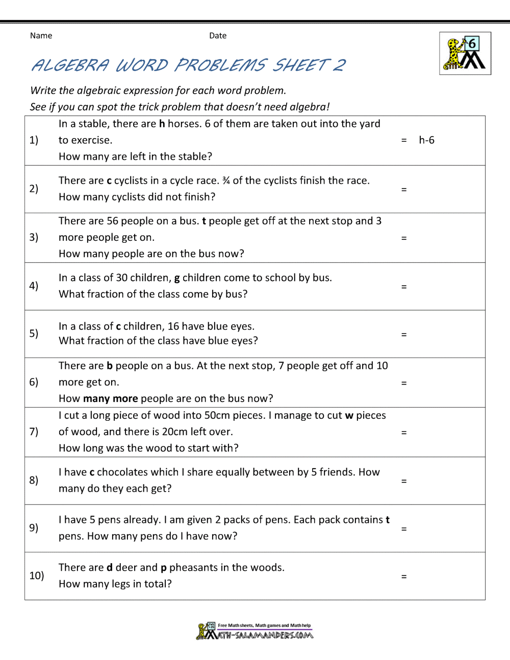 Basic Algebra Worksheets Basic Algebra Worksheets