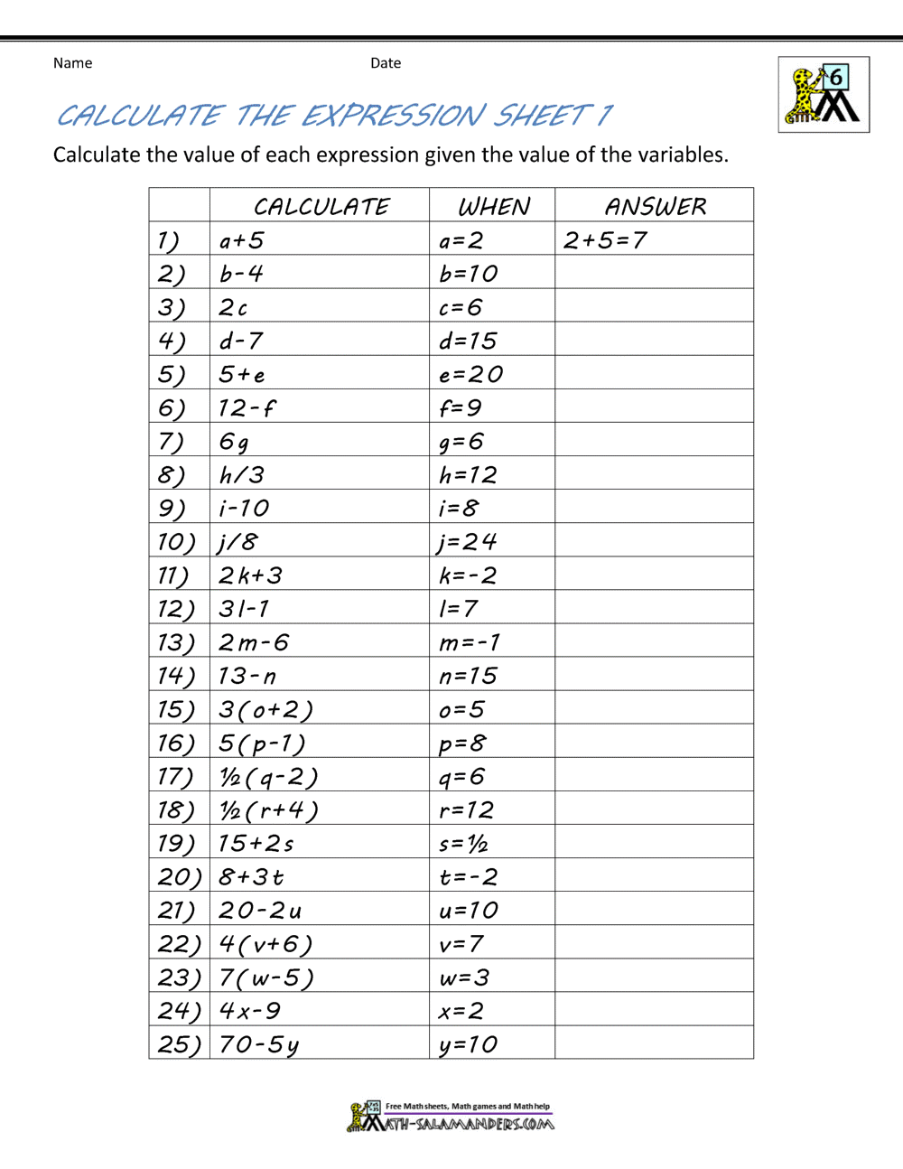 Basic Algebra Worksheets Basic Algebra Worksheets