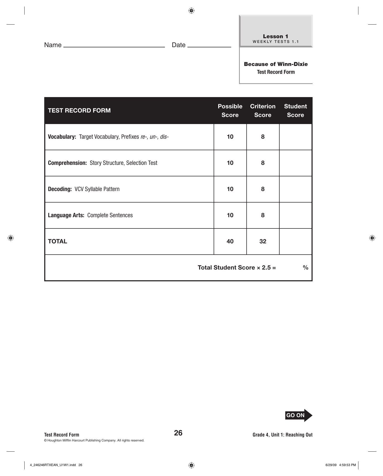 Because Of Winn Dixie Test Record Form Because Of Winn Dixie Test Record Form