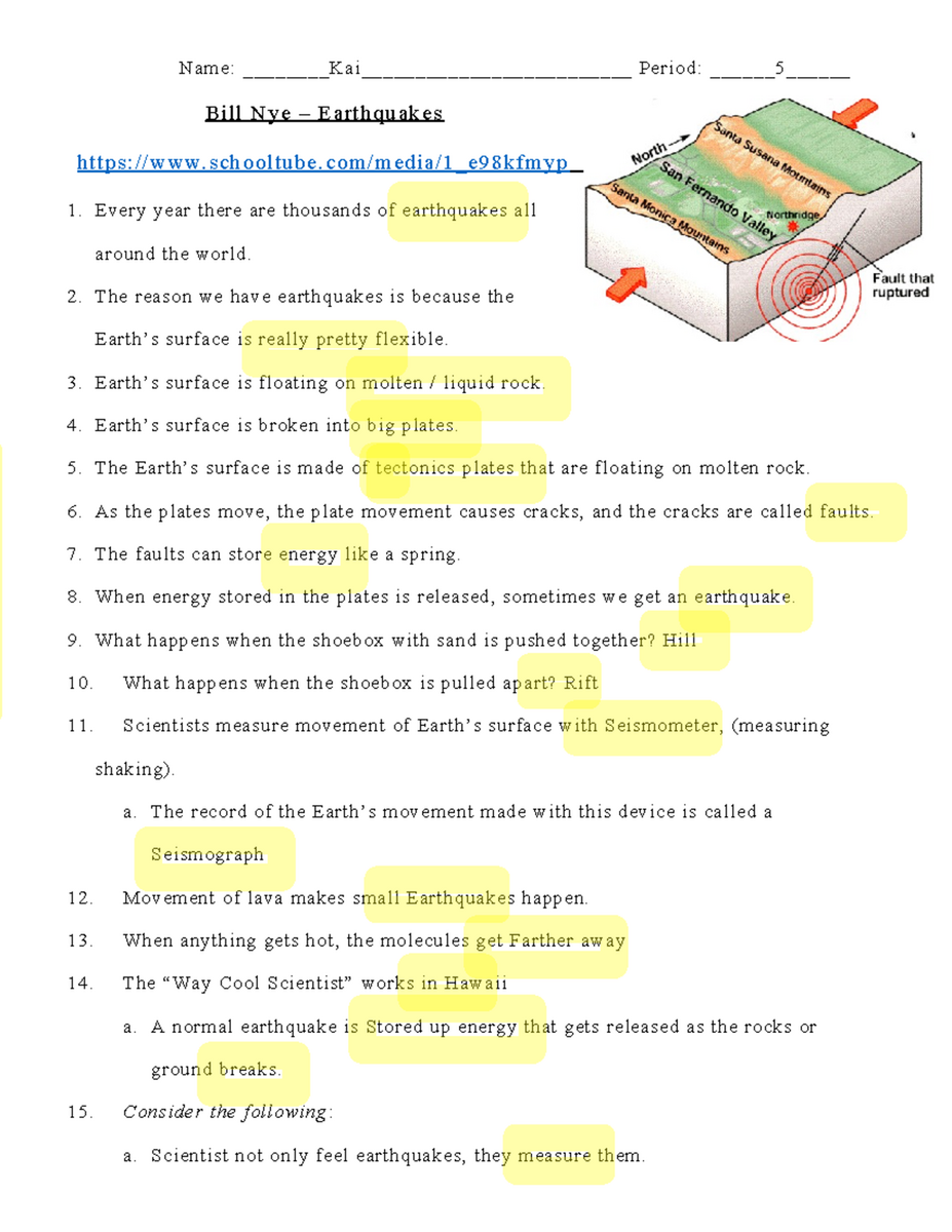 Bill Nye Earthquakes Comprehensive Answer Sheet For Students Studocu
