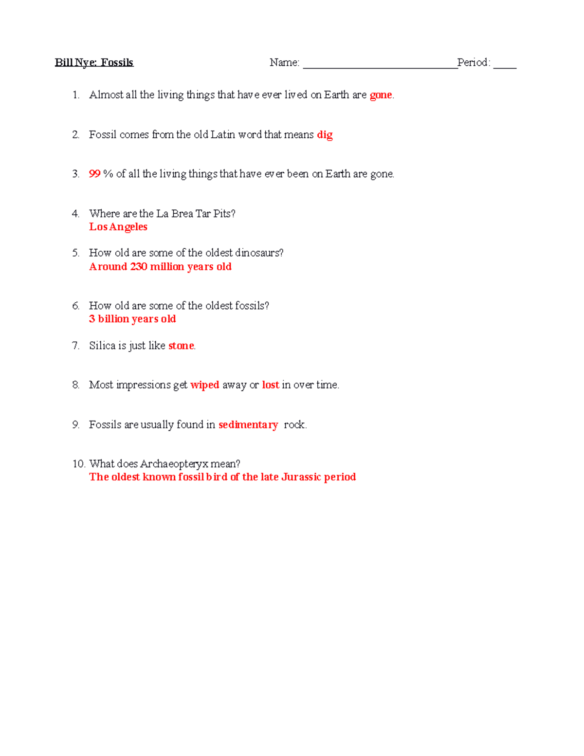 Bill Nye Fossils Study Notes And Key Facts For Class Studocu