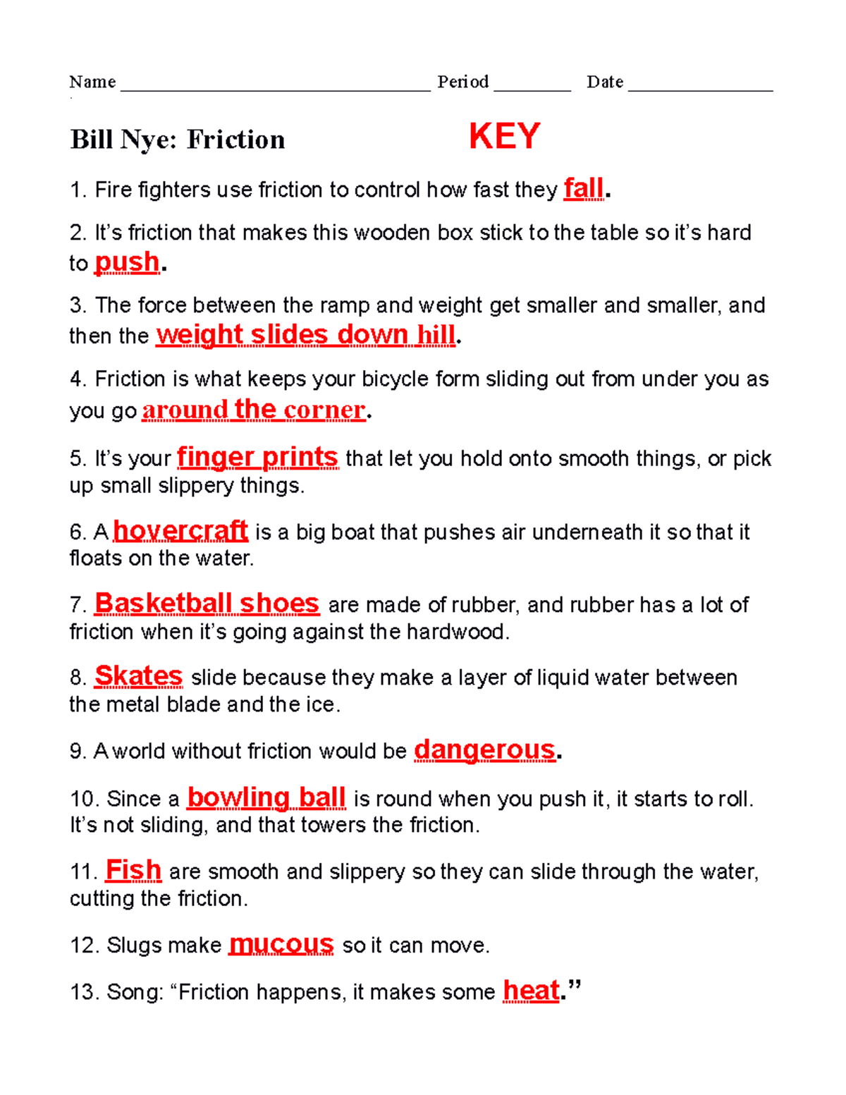 Bill Nye Science Friction Worksheet Key Studocu