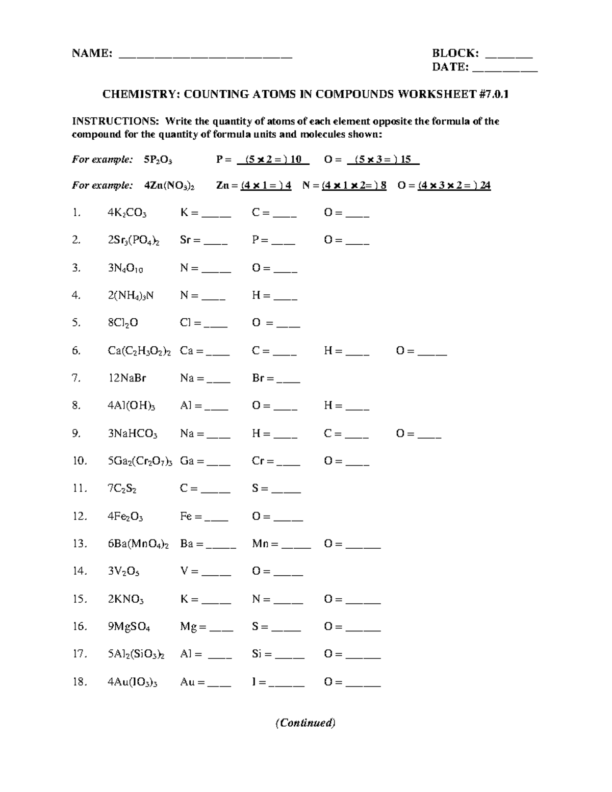 Counting Atoms Chemistry Worksheet Worksheet