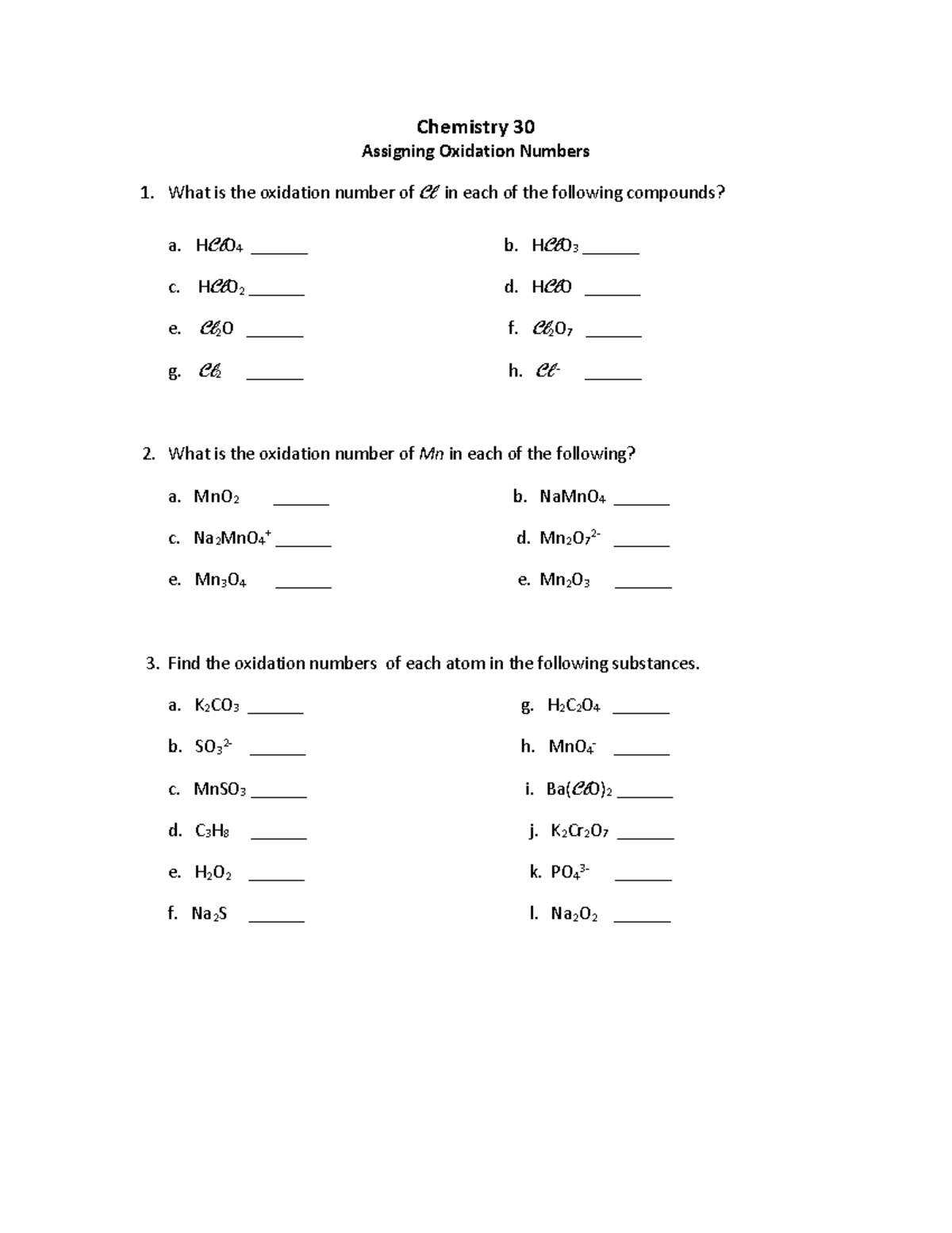 Chemistry 30 Worksheet Assigning Oxidation Numbers With Answers Studocu