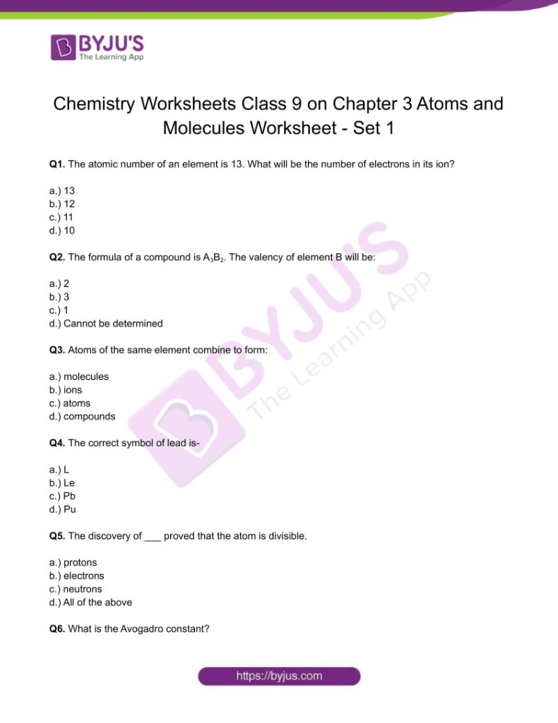 Chemistry Worksheets Class 9 On Chapter 3 Atoms And Molecules With Answers Set 1