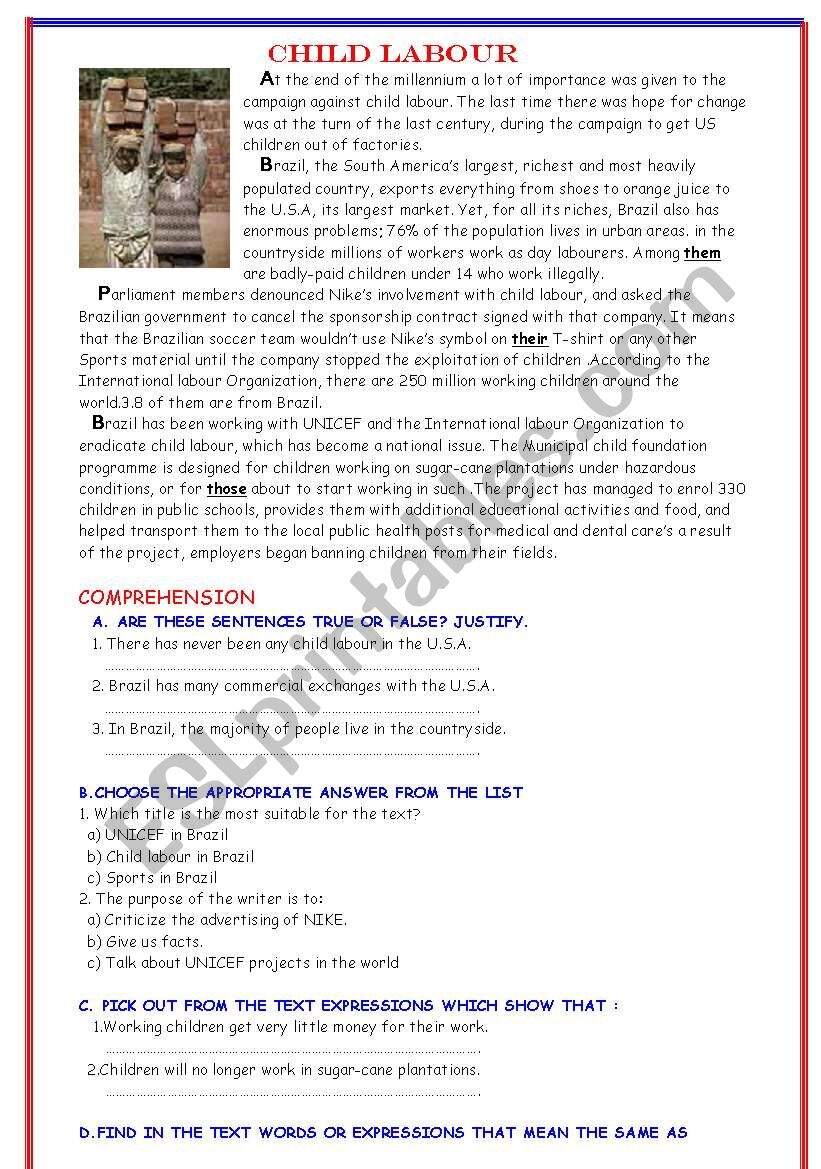 CHILD LABOR IN AMERICAN HISTORY LABOR HISTORY MONTH Reading Comprehension Made By Teachers
