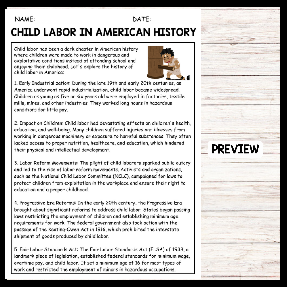 CHILD LABOR IN AMERICAN HISTORY LABOR HISTORY MONTH Reading Comprehension Made By Teachers