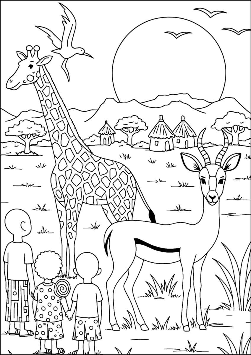 Children Watching A Giraffe And An Antelope Africa Coloring Pages For Kids Africa Coloring Pages 100 Free Printables