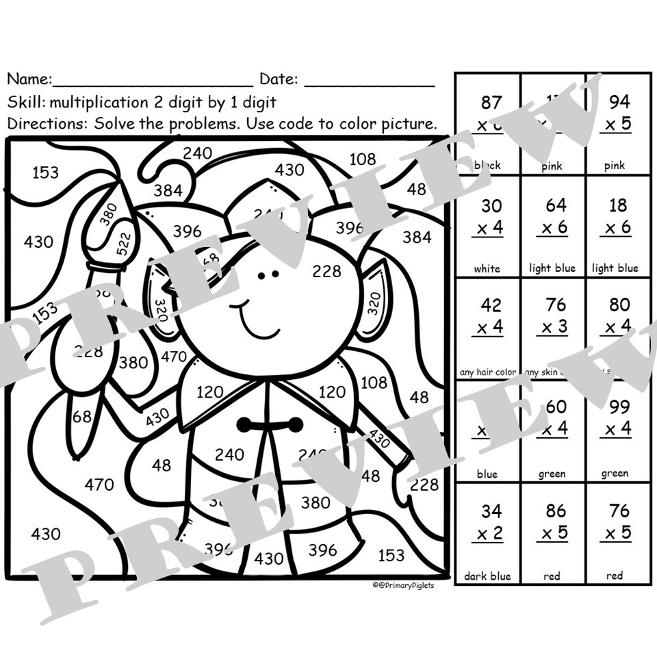 Christmas Math Coloring Pages 2 Digit Multiplication Color By Number Code Elf Classful