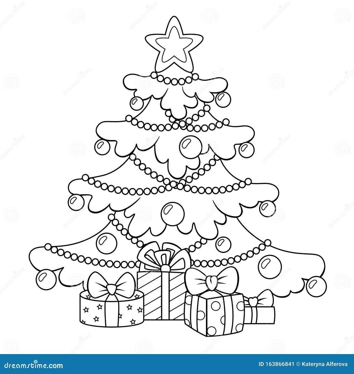 Christmas Tree With Gifts Merry Christmas And Happy New Year Greeting Card Template Black And White Vector Illustration For Colo Stock Vector Illustration Of Christmas Cartoon 163866841