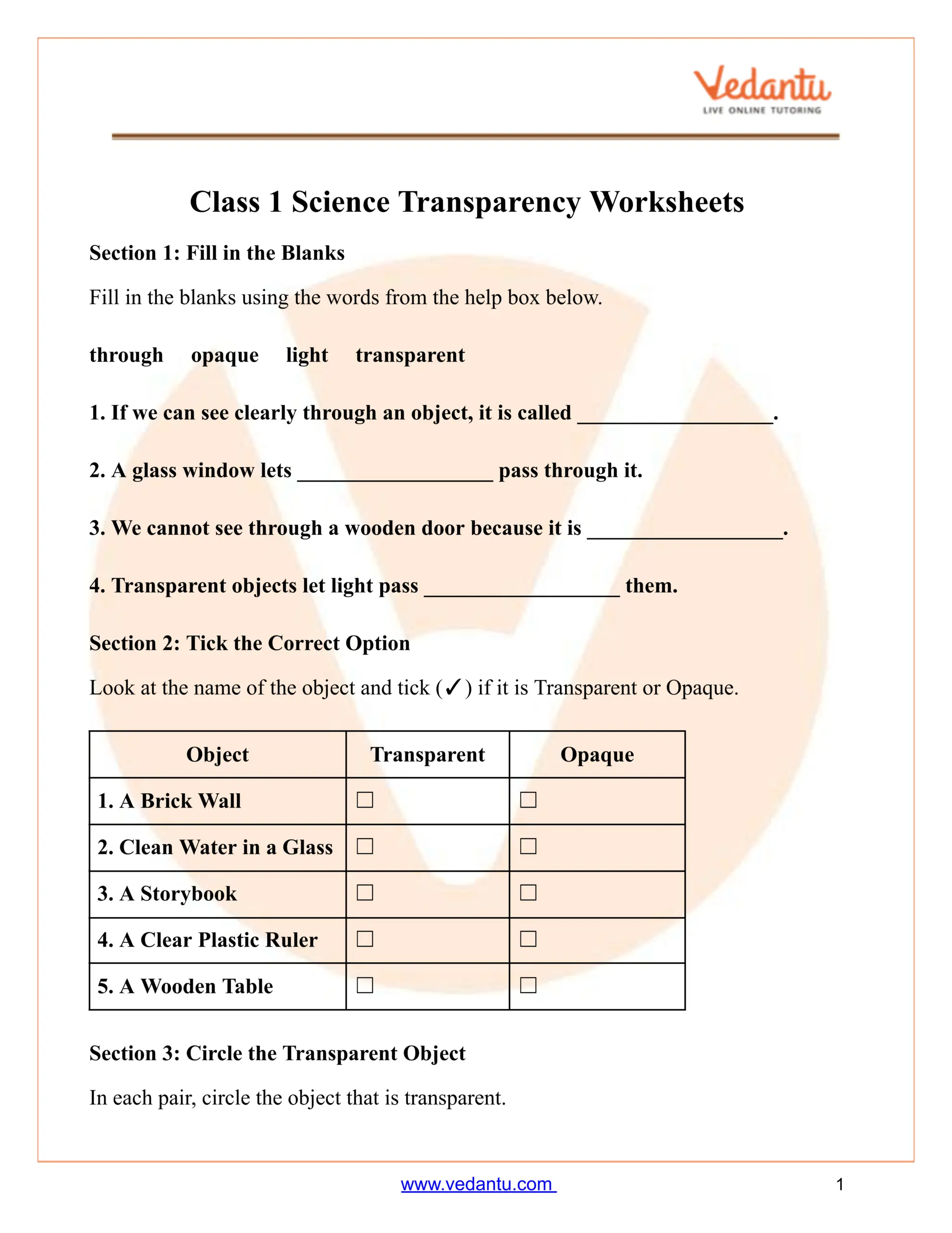 Class 1 Science Transparency Worksheet Identify Sort Objects Class 1 Science Transparency Worksheet Identify Sort Objects