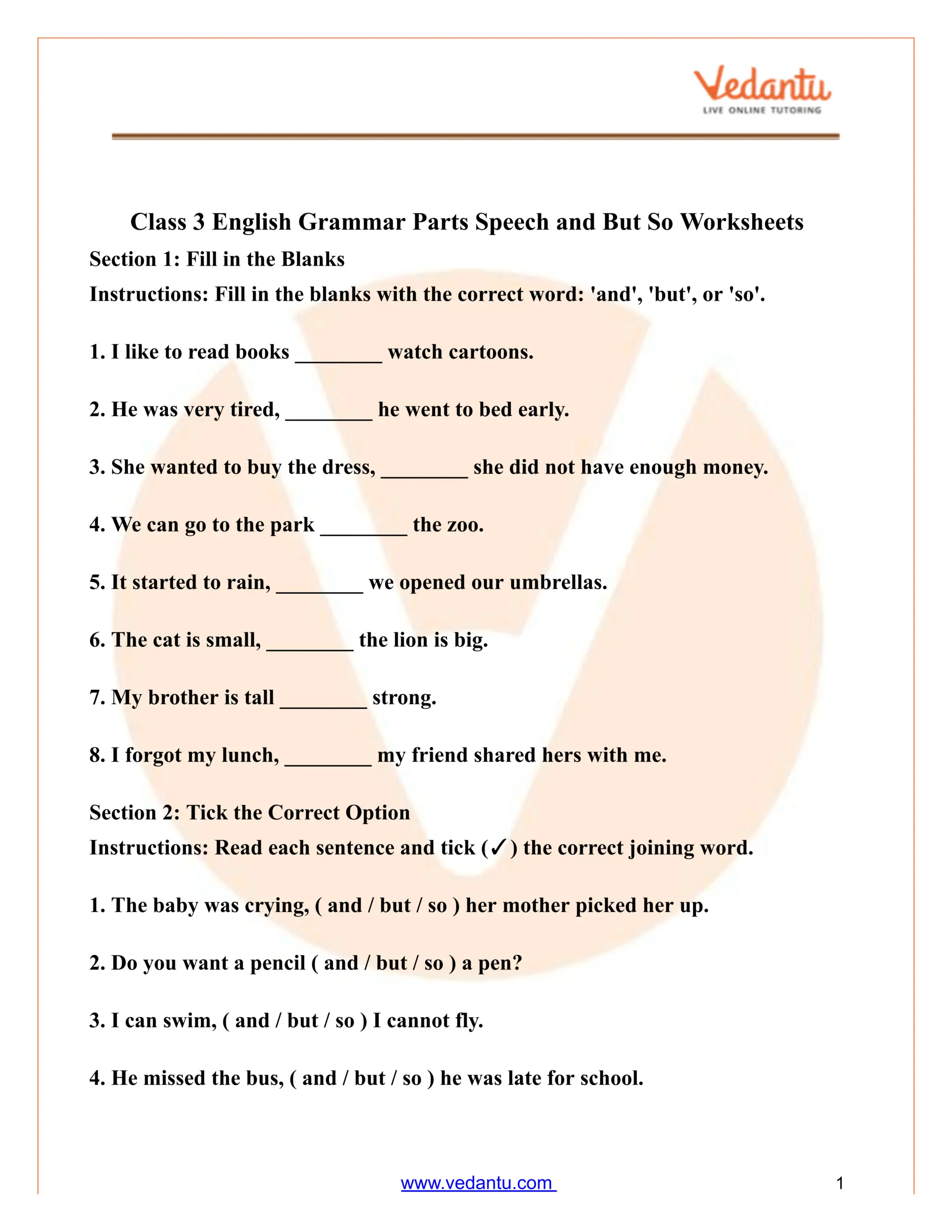 Class 3 English Grammar Worksheet Parts Of Speech Conjunctions
