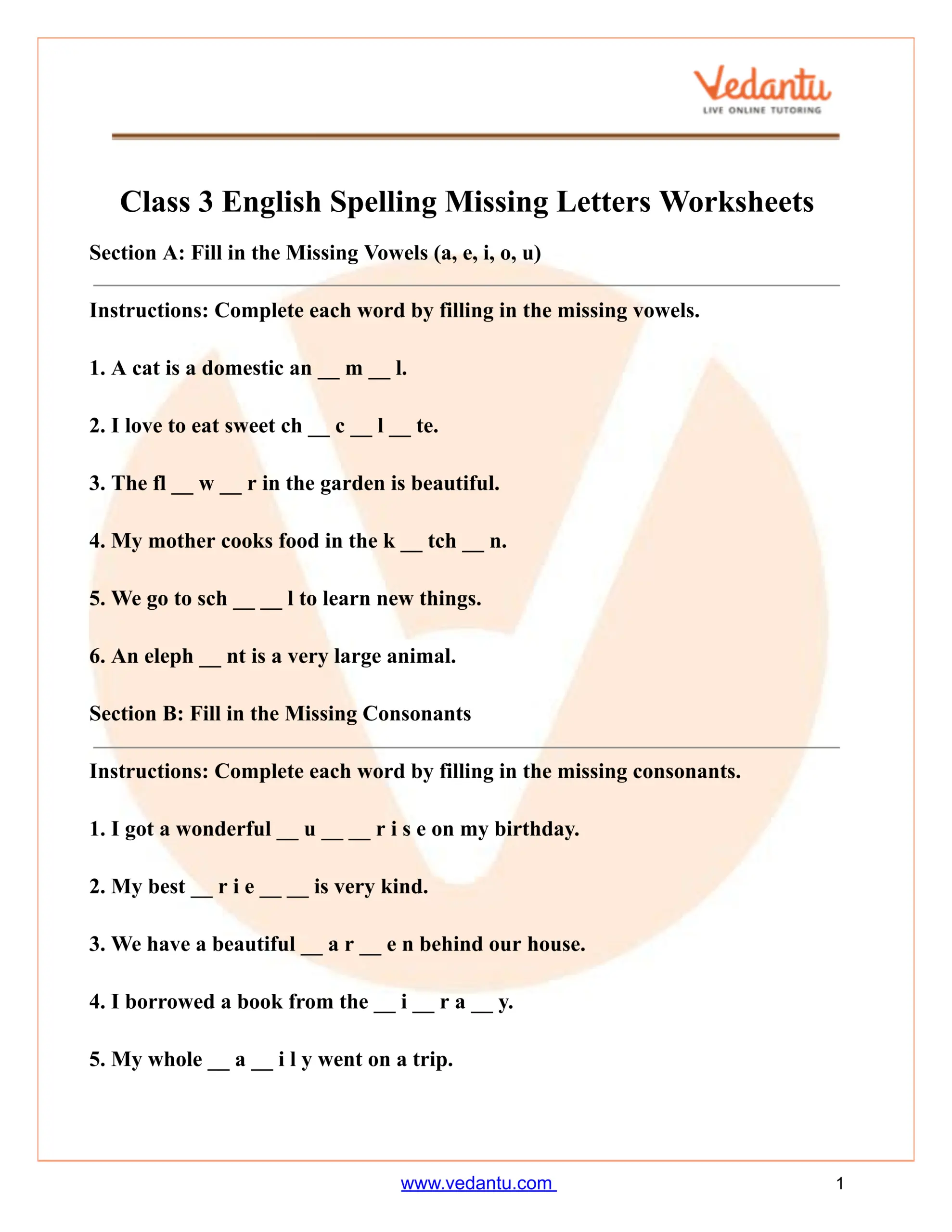 Class 3 Spelling Missing Letters Worksheet PDF With Answers Missing Vowels Worksheet For Grade 3 Kidpid