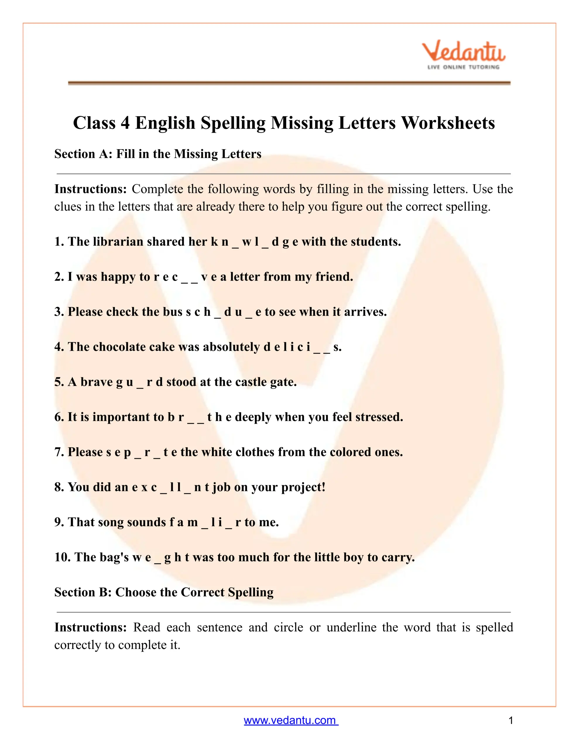 Class 4 Spelling Missing Letters Worksheet PDF With Answers