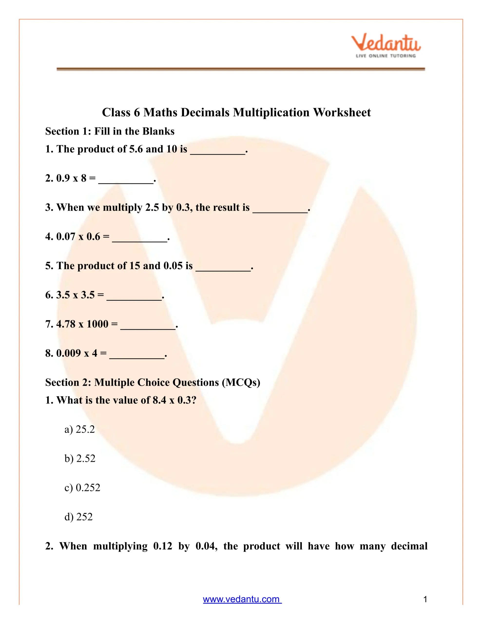 Class 6 Maths Decimals Multiplication Worksheet With Answers