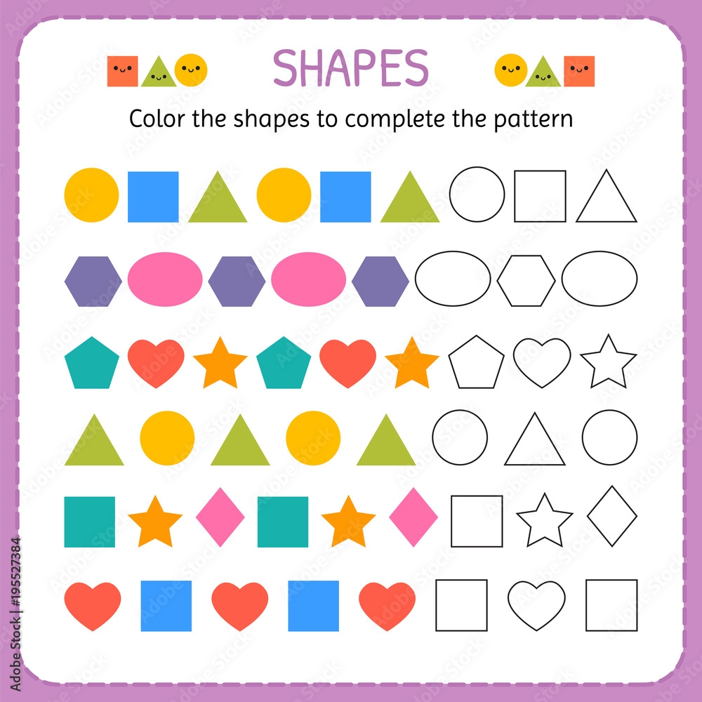 Color The Shapes To Complete The Pattern Learn Shapes And Geometric Figures Preschool Or Kindergarten Worksheet Stock Vector Adobe Stock