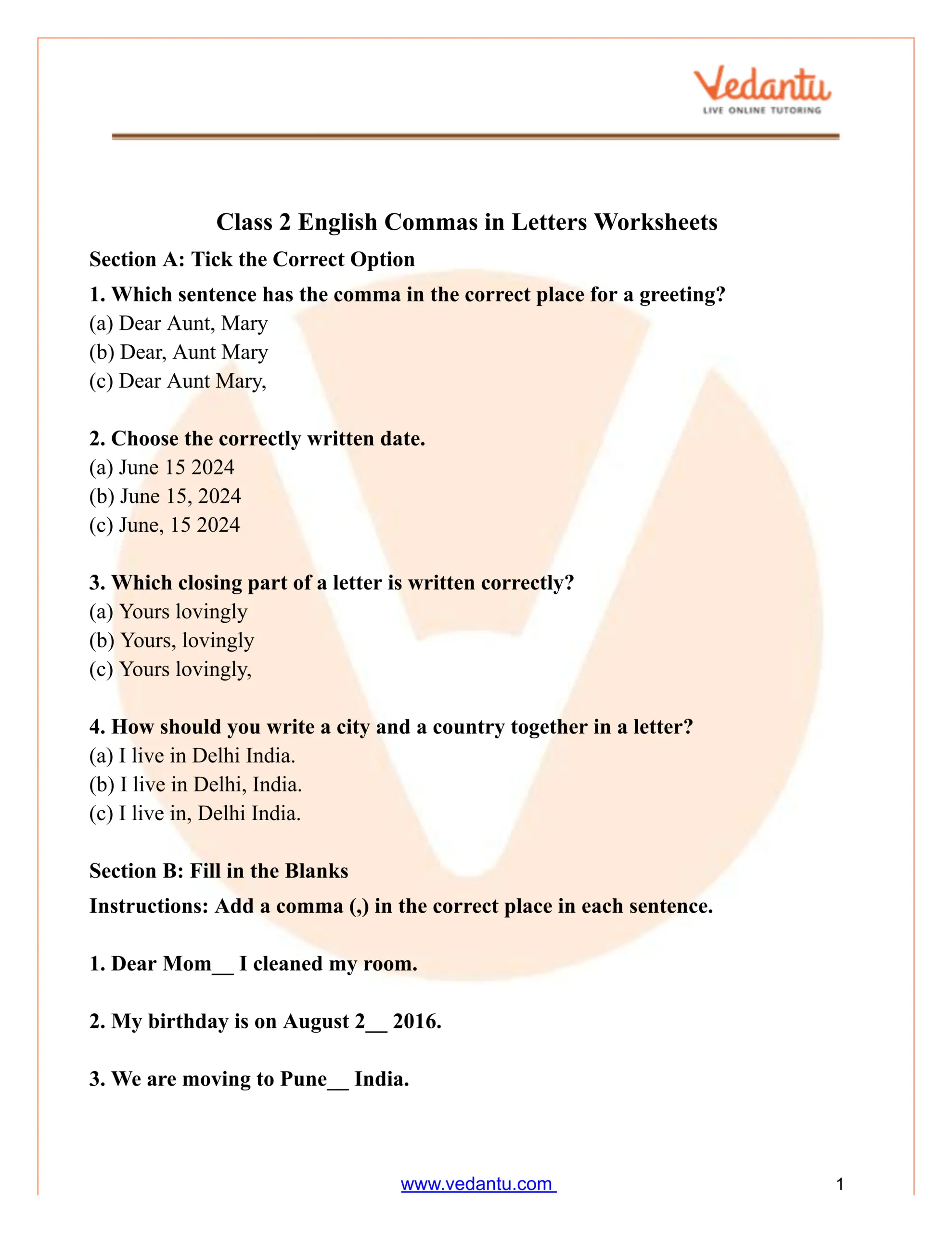 Commas In Letters Worksheet For Class 2 Free PDF