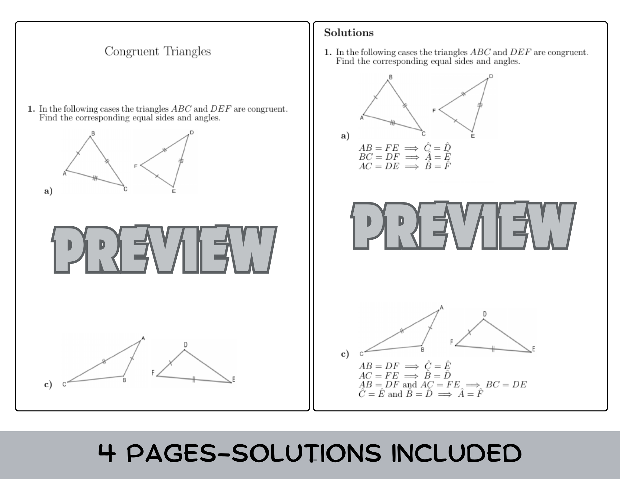 Congruent Triangles Introduction Worksheet With Solutions Teaching Resources Math 8 Solving Congruent Triangle Parts
