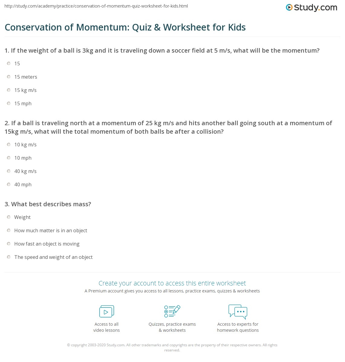 Conservation Of Momentum Quiz Worksheet For Kids Study