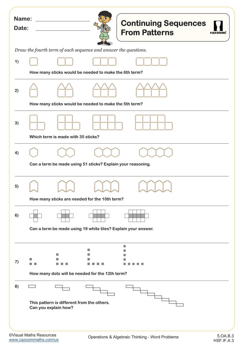 Continuing Sequences From Patterns Worksheet Fun And Engaging 5th Grade And Algebra I And IM 1 Algebra EEF Worksheet Cazoom Math Free Kindergarten Worksheets Spot The Patterns