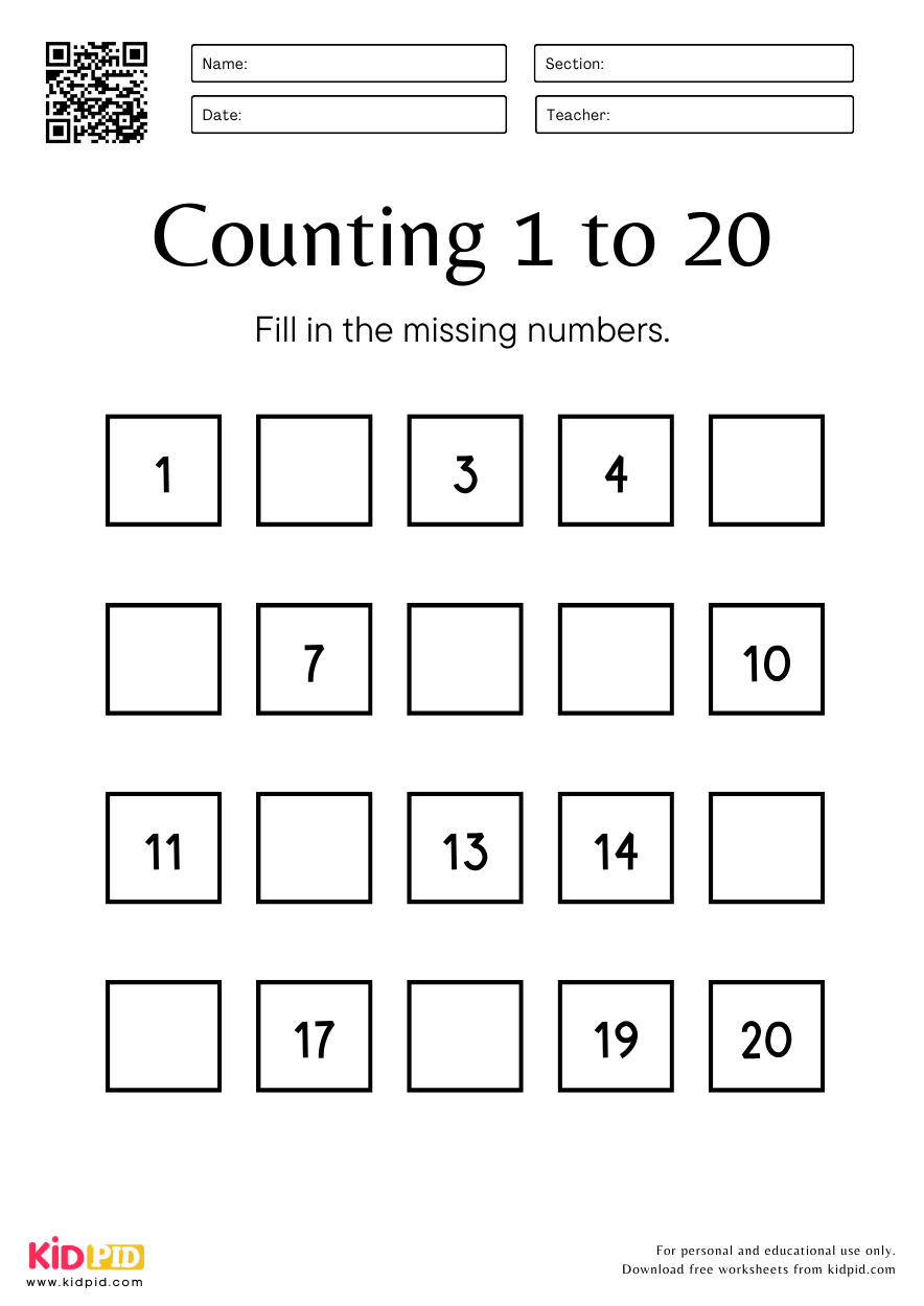Counting 1 To 20 Math Worksheet In Simple Style Kidpid