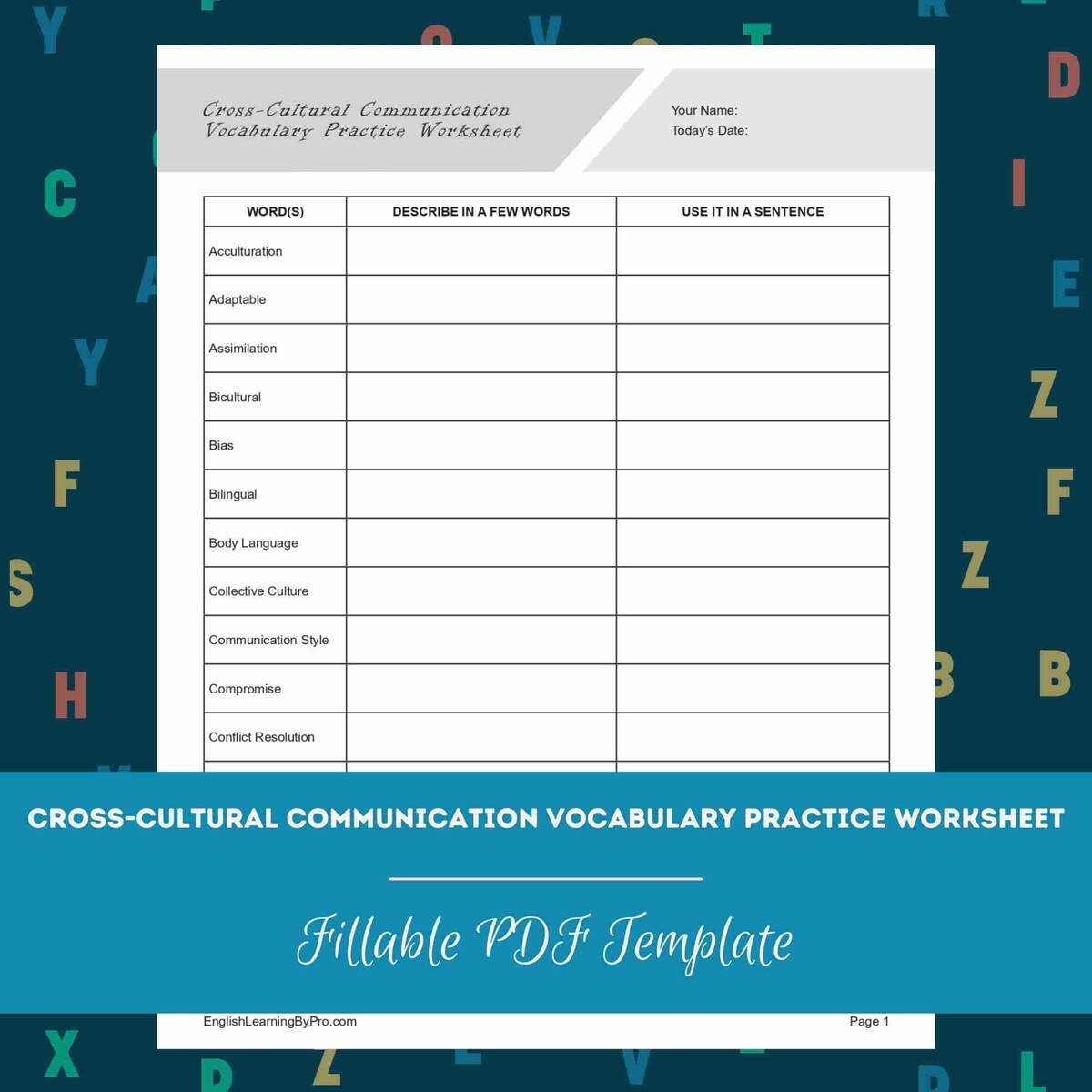 Cross Cultural Communication Vocabulary Practice Worksheet Editable Fillable Printable PDF EnglishLearningByPro