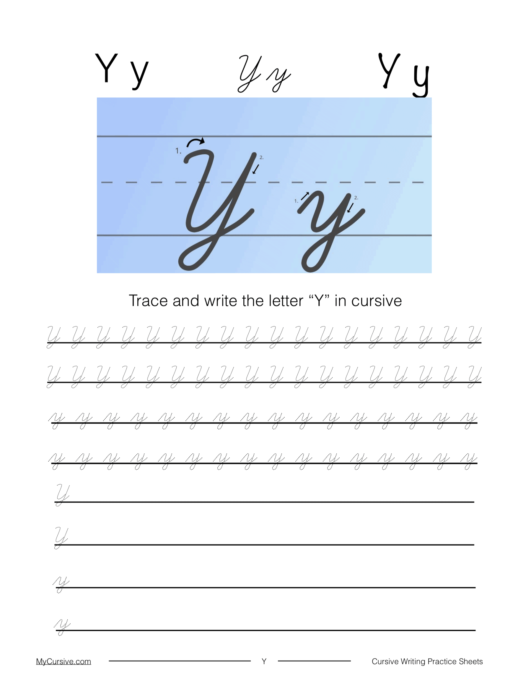 Cursive Y Full Tutorial And Worksheet