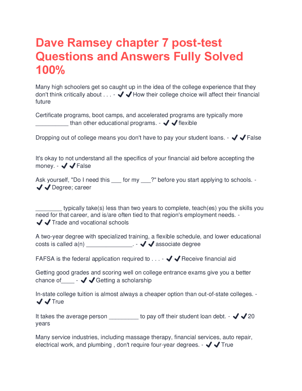 Dave Ramsey Chapter 7 Post Test Questions And Answers Fully Solved 100 Exams Advanced Education Docsity Dave Ramsey Chapter 7 Post Test Questions And Answers Fully Solved 100 Exams Advanced Education Docsity