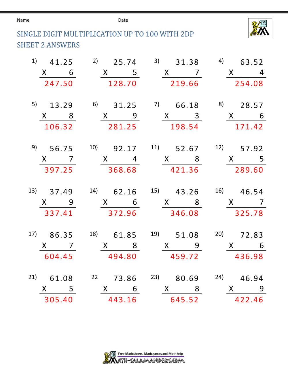 Decimal Multiplication Up To 100 With 2dp Sheet 2 Answers