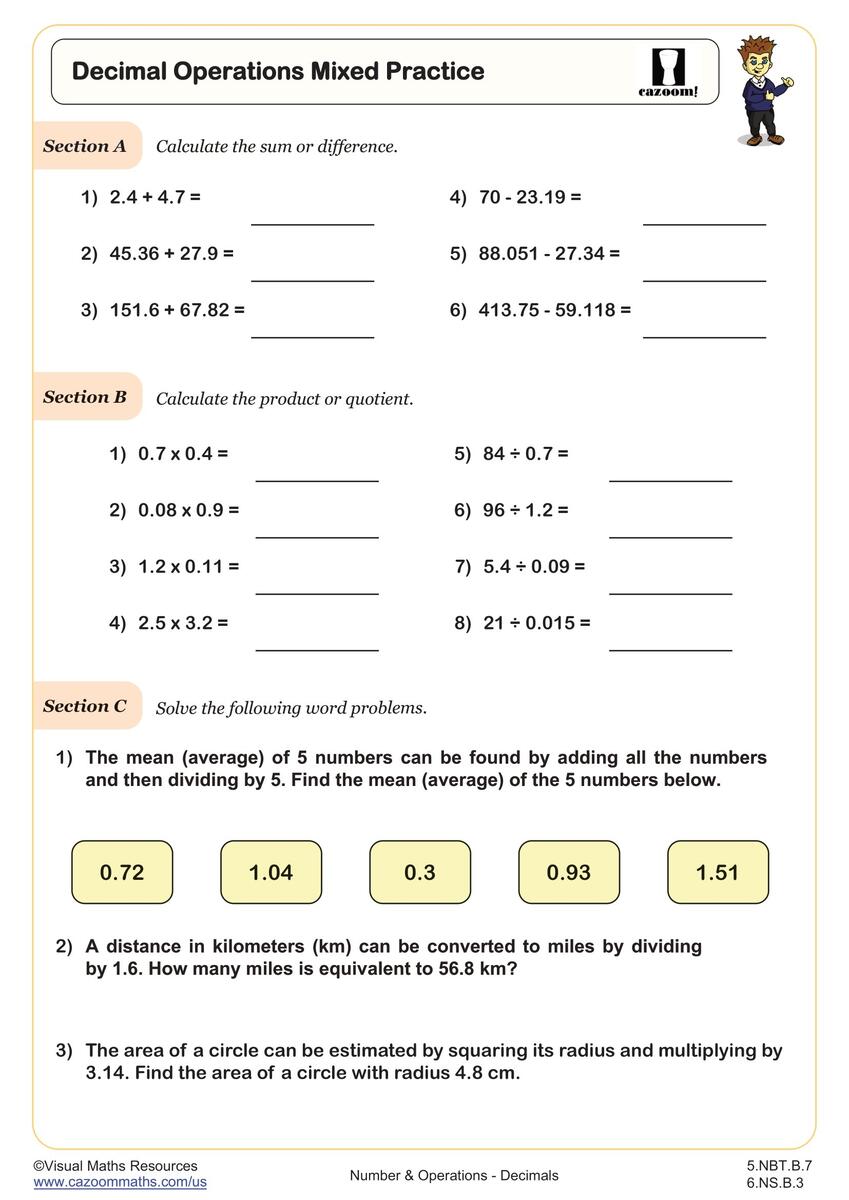 Decimal Operations Mixed Practice Worksheet PDF Printable Number Operations Worksheet Cazoom Math