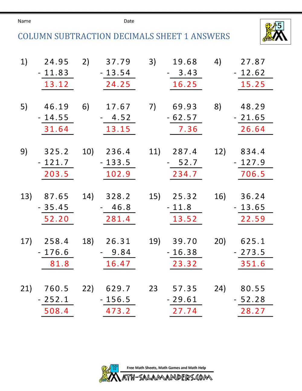 Decimal Subtraction Worksheets