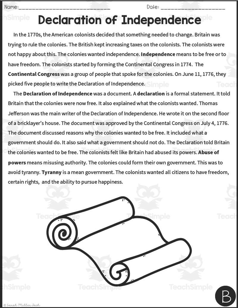 Declaration Of Independence Social Studies Reading Comprehension Passages Made By Teachers