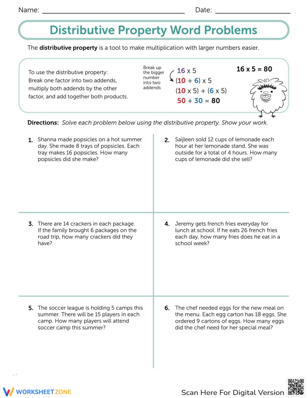Distributive Property Word Problems Worksheet