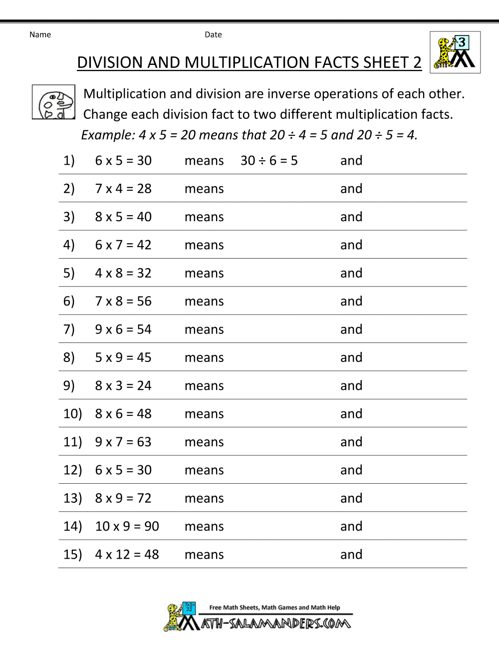 Division Facts Worksheets