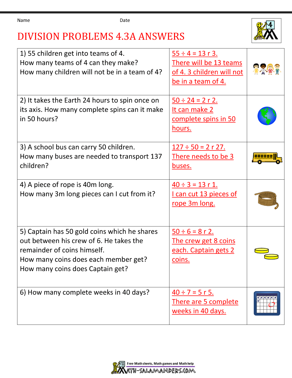 Division Word Problems 4 3A Answers
