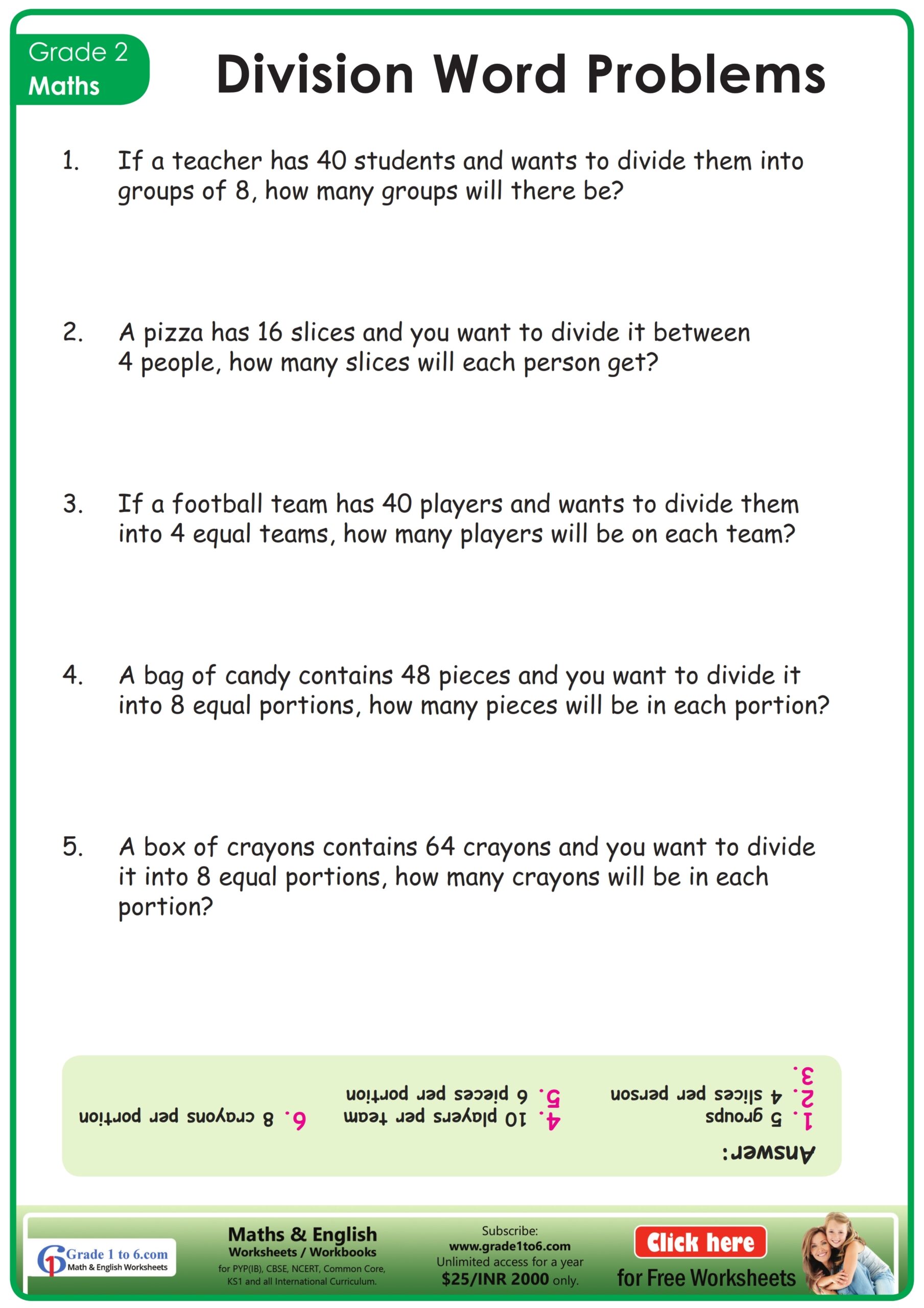 Division Word Problems For Grade 2 Worksheet Grade1to6