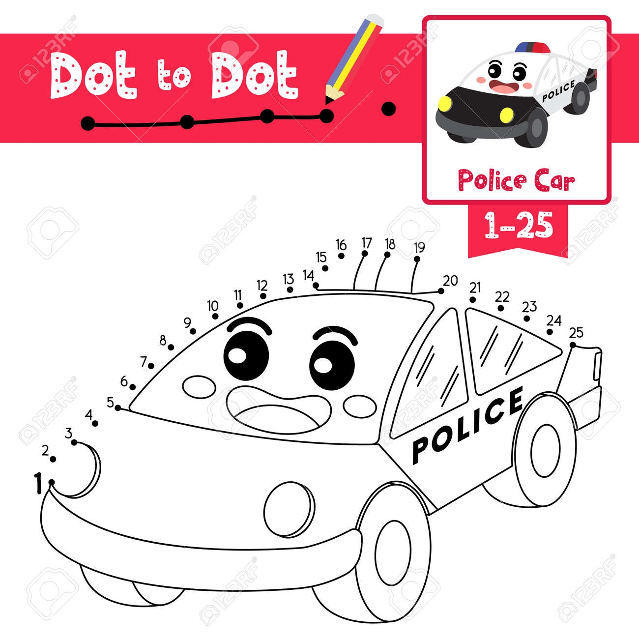 Dot To Dot Educational Game And Coloring Book Of Police Car Cartoon Transportations For Kids Activity About Counting Number 1 25 And Handwriting Practice Worksheet Vector Illustration Royalty Free SVG Cliparts Vectors And Dot To Dot Educational Game And Coloring Book Of Police Car Cartoon Transportations For Kids Activity About Counting Number 1 25 And Handwriting Practice Worksheet Vector Illustration Royalty Free SVG Cliparts Vectors And