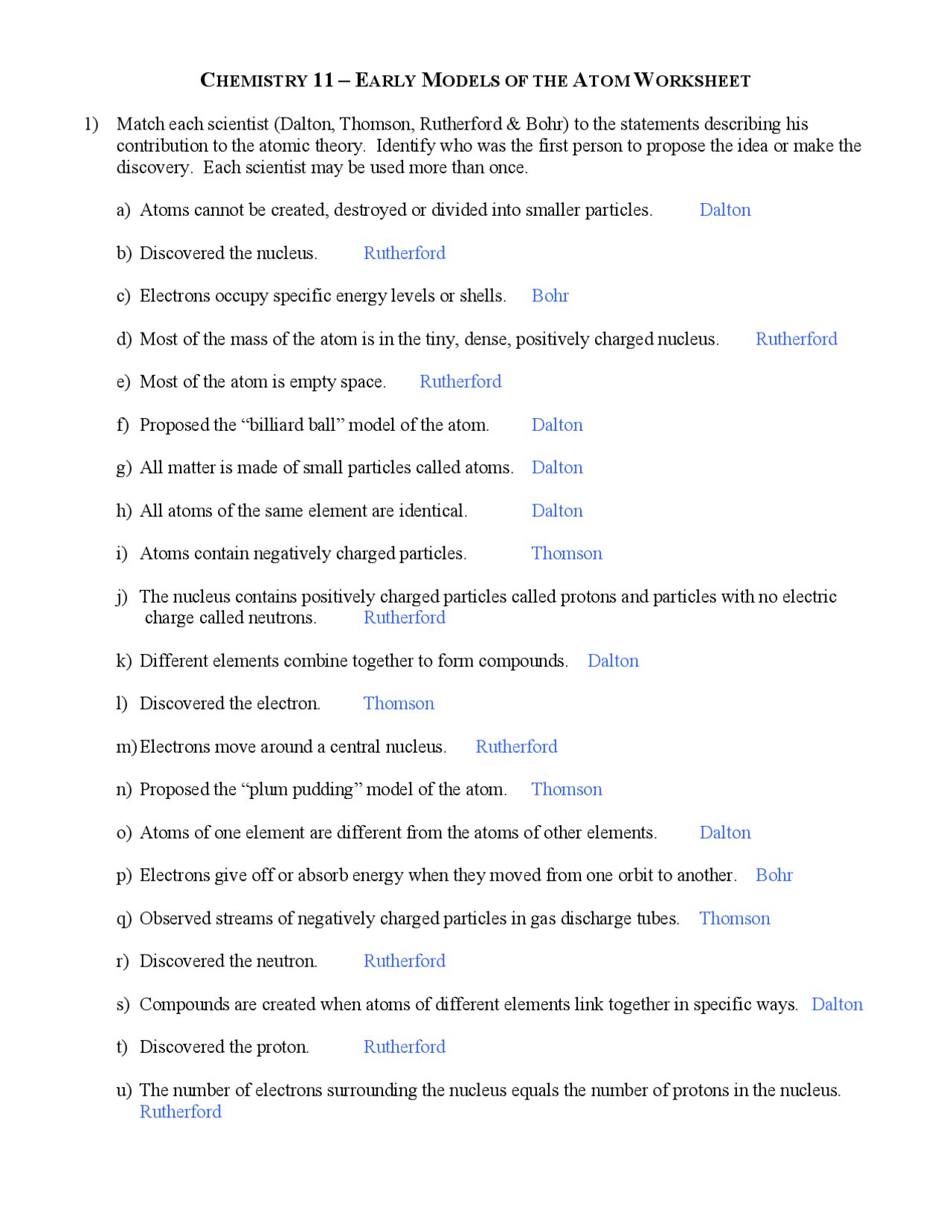 Early Models Of The Atom Worksheet Solutions Exercises Chemistry Docsity Quiz Worksheet Early Atomic Theories Study