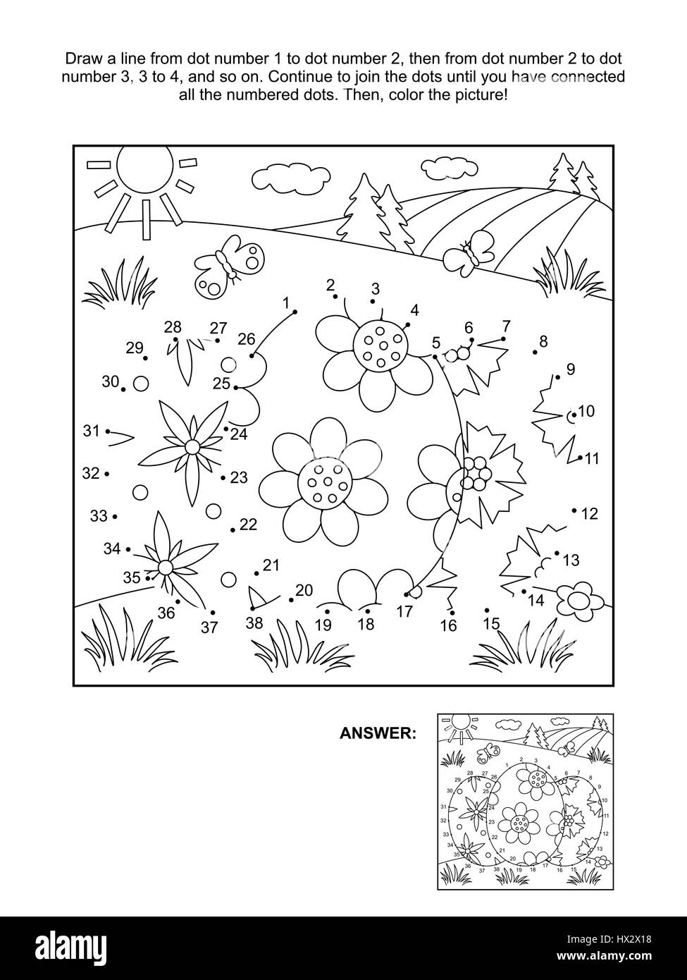 Easter Themed Connect The Dots Picture Puzzle And Coloring Page With Three Painted Eggs Answer Included Stock Vector Image Art Alamy