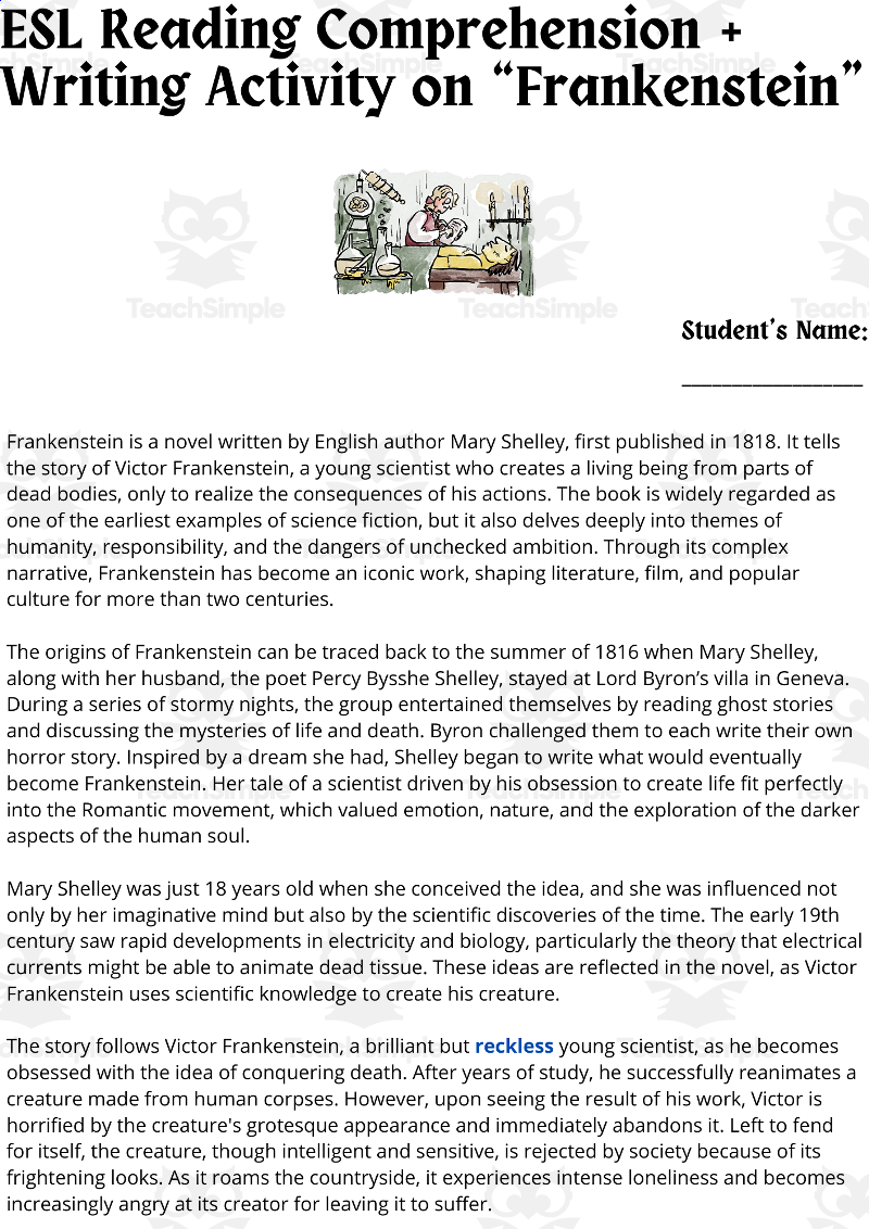 ESL Reading Comprehension Writing Activity Worksheets Frankenstein By Teach Simple