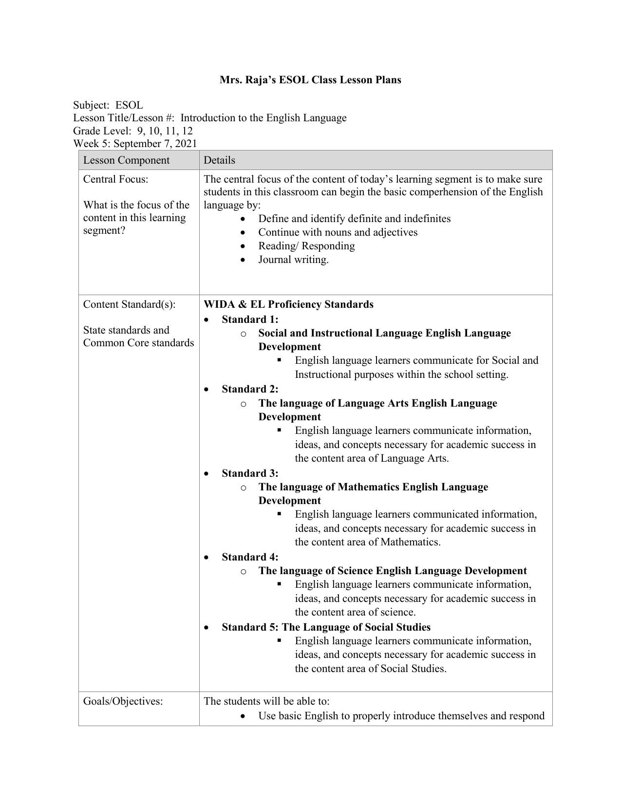 ESOL Lesson Plan Intro To English Language