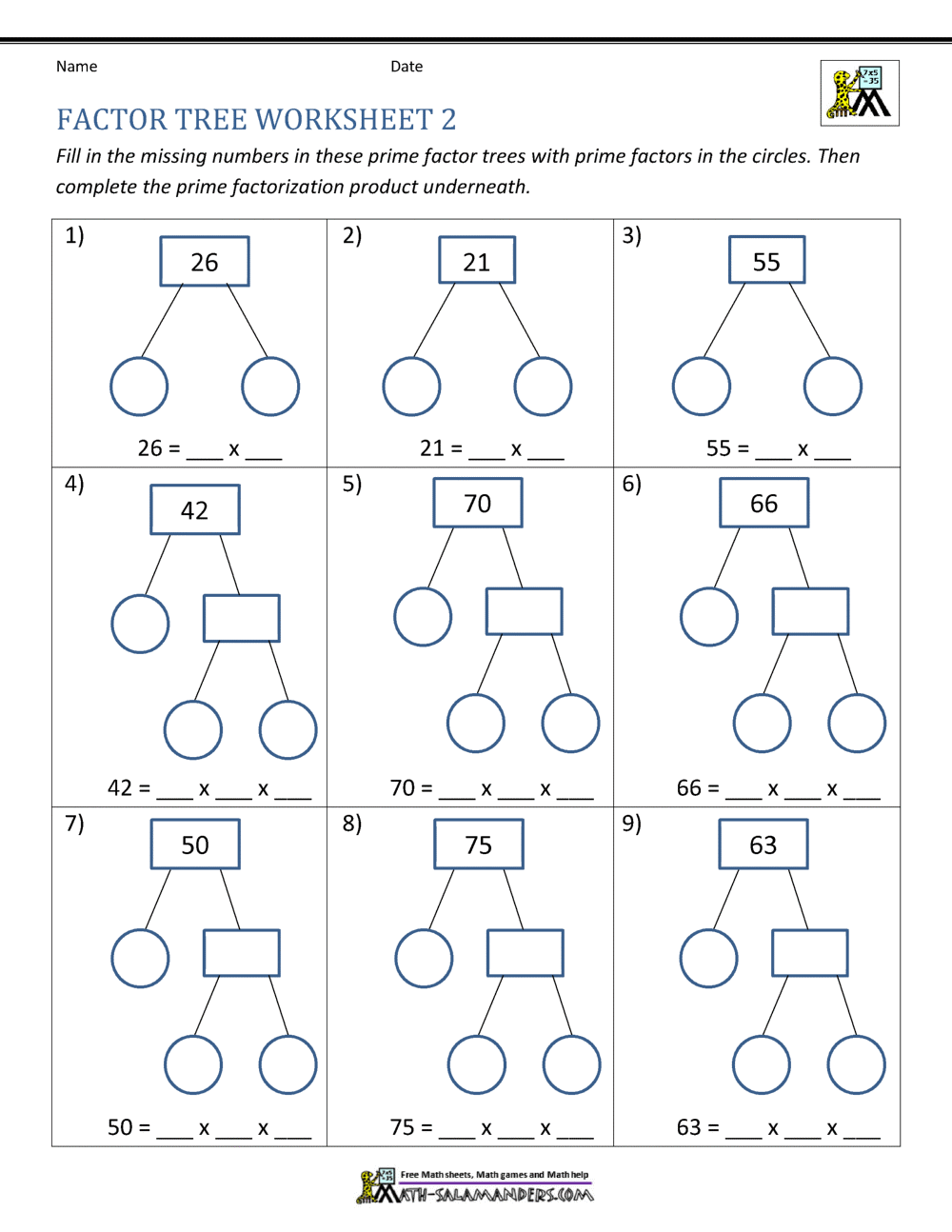 Factor Tree Worksheets Page