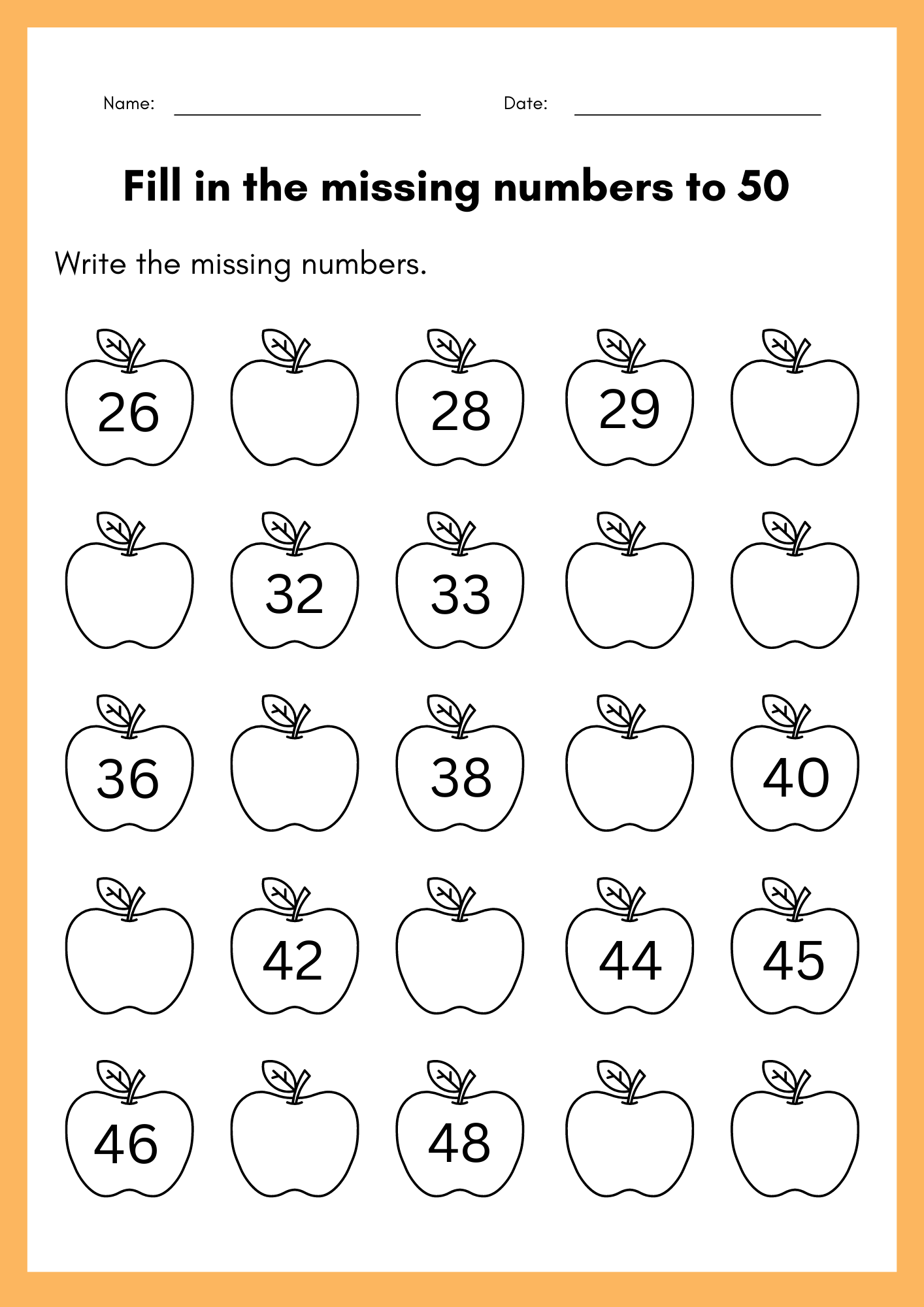 Fill In The Missing Numbers To 50 Worksheet Kindergarten Numbers Worksheets Library