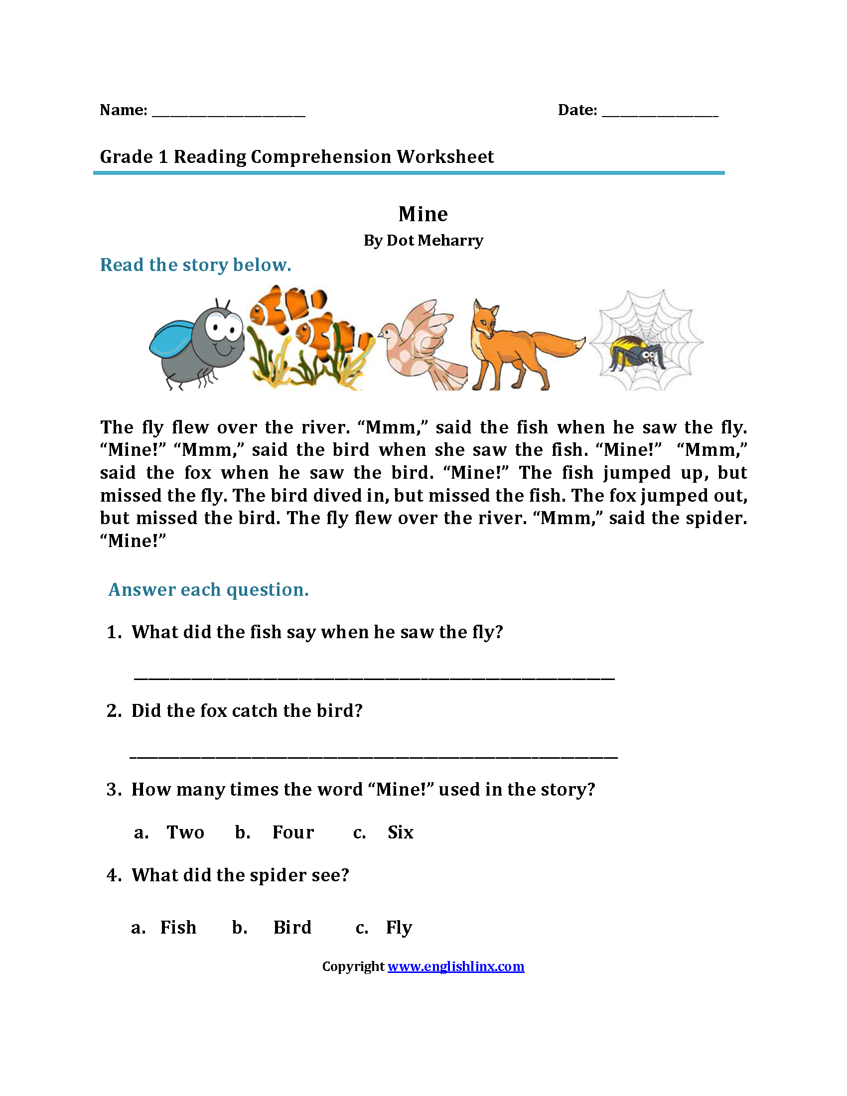 Reading Comprehension Worksheet For Grade 1 Grade1to6