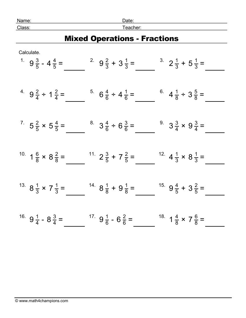 Fraction Worksheets Pdf Downloads Math Champions Operations With Fractions A Worksheet 5th Grade PDF Worksheets Cazoom Math