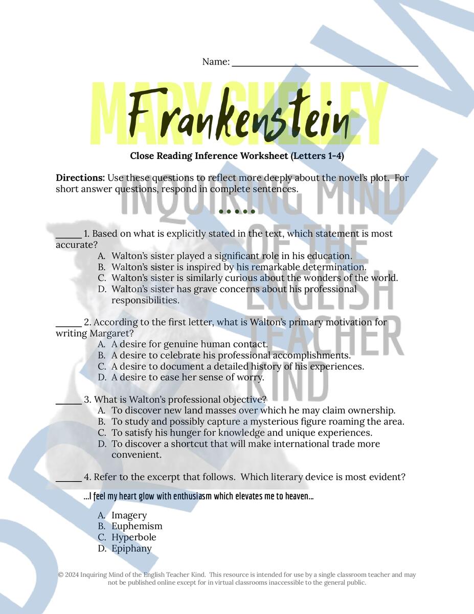 Frankenstein Letters 1 Through 4 Close Reading Inference Worksheet Made By Teachers