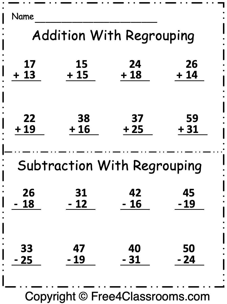 Double Digit Subtraction With Regrouping Borrowing K12 Math Worksheets
