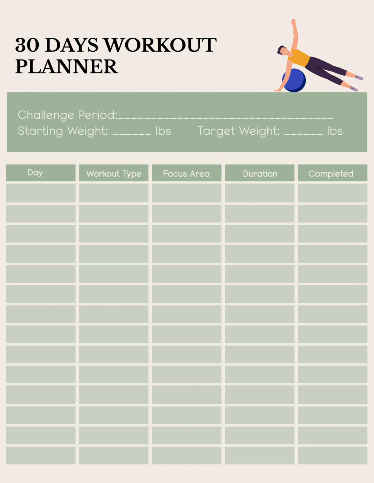 Free 30 Days Workout Planner Template To Edit Online