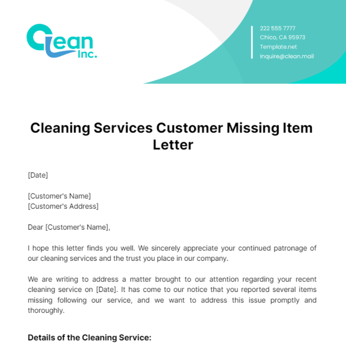 Free Cleaning Services Customer Missing Item Letter Template To Edit Online