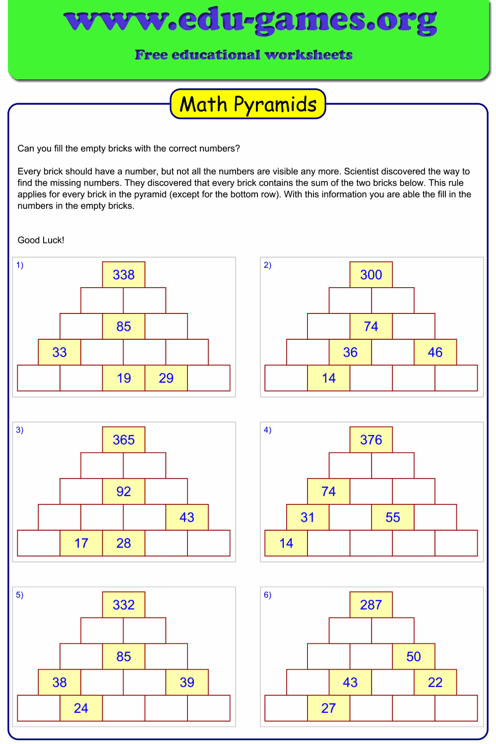 Free Math Pyramid Puzzle Game Worksheets Generator Edu Games